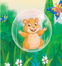 Hank the hamster smiling inside his clear plastic ball in a bright green garden with butterflies and flowers